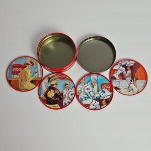 Vintage 1999 Coca-Cola Collectible Tin Coaster Set Pilot, Astronaut, Mom, Child